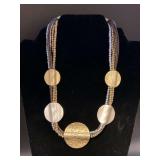 Vintage Multi-Strand Beaded and Gold Tone Necklace with heavy gold tone disk accents