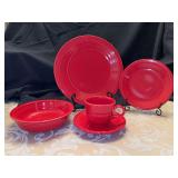 NIB Homer Laughlin Fiesta Ware 5-pc place setting….dinner plate, salad plate, soup/cereal bowl, cup and saucer…..SCARLET 831 326