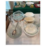 Grouping of miscellaneous glassware…..serving bowls, pie plates, Corning Blue Cornflower and more