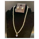 NWT Anne Klein silver beaded necklace with blue prism pendant and matching E-Z Comfort Clip earrings