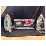 Grouping of (3) Rowenta steam irons……Rowenta Power Glide, Rowenta with Accessteam Cord Reel and Rowenta Effective Comfort