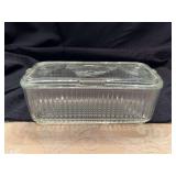 Vintage Federal Glass Clear Refrigerator Dish with vegetable design Lid…..8 x 4 x 3-1/4