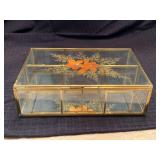 Vintage Glass and Brass Pressed Flower Tea Storage Box with mirrored bottom…..9 x 6-1/4 x 2-3/4 tall