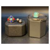 (2) sterling rings, (1) turquoise ring (not marked) and (1) sterling bracelet…..rings are sizes 8, 7 and 5…..19 total grams