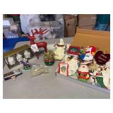 Great grouping of Christmas decor….3 porcelain Santa’s, really nice beaded garland, resin Santa in purple, Pottery Barn stocking holder, vintage handcrafted ornaments