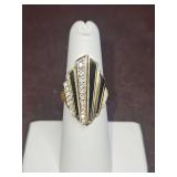 Erte 14K Yellow Gold, Onyx, and Diamonds Art Deco Style Cocktail Ring, Size 6.5 signed & numbered 59/250 7.1 total grams DIAMONDS TESTED POSITIVE USING DIAMOND SELECTOR II TESTER...