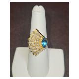 Erte Coquillage 14K Yellow Gold, Blue Topaz, and 30 Diamonds Art Deco Style Ring, Size 7 signed & numbered 178/225 w/COA & Certificate of Value 9.1 total grams DIAMONDS TESTED POSITIVE USING DIAMOND S