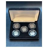 Set of Uncirculated First Commemorative Mint Silver Roosevelt Dimes…..1969-S, 1995-S, 1989-S, 1976-S and 2003-S….in original velvet box and sleeve with COA