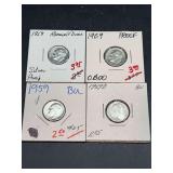 (3) 1959 Silver Roosevelt Dimes and (1) 1959-D Silver Roosevelt Dimes