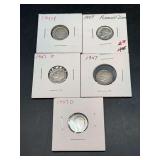 (5) 1947 Silver Roosevelt Dimes…..mint marks D and P