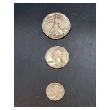 Grouping of (3) silver coins…..1939 Mercury Dime, 1939-D Quarter and 1939-S Walking Liberty Half Dollar