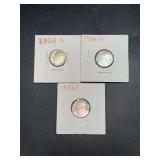 (3) 1956 Silver Roosevelt Dimes….mint mark P and D