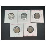 (1) 1943-D and (4) 1944-D 35% Silver War Nickels…..has large D mint mark above dome on reverse