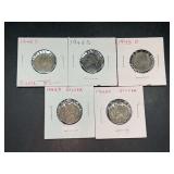 (5) 1945-D 35% Silver War Nickels…..has large D mint mark above dome on reverse