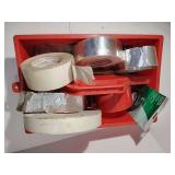 Tote of Tapes, 4 rolls Metal tape, 1 roll Red Duct tape, 1 roll vinyl carded black Electrical tape, 1 roll Weather Strip tape 1 1/4" wide.
