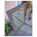 Handcrafted in Mexico, wooden accent mirror 27" x 38", painted with vibrant color designs. New