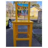 New Lacandona Tall Mexican Bar Chair, shiny finish, hand painted scene in back, back height 49 1/4" T, seat height 28", 19" W.