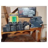 Craftsman Heavy Duty 3 1/2" Bench Vise attached to cabinet, Ace Plastic Miter Box attached to cabinet, 14" Mitre Back Saw, Portable Magnetic Multi-Groove Bench Vise Jaws 2 pc., 4" ea. and small two sh
