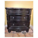 Ashley Britannia Rose Nightstand 3 drawer Black Rose Finish with marble top. 34 1/4" T x 34 1/2" W x 20"D. Few very small scratches right side. Located on 2nd floor. This piece is heavy. BUYER IS RESP