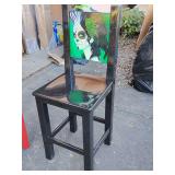 New Lacandona Bar Chair, Black, shiny finish, Day of the Dead on the back, back height 49 1/4" T, seat height 28" T, 19" W. Some fine scratches in the seat.