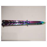 Traditional Balisong Butterfly Knife Rainbow Iridescent Titanium, blade 440 stainless steel, open length 9", belt clip