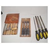 11 pc. Wood Carving Set new, 3 pc Wood Chisel Set new, 4 Files lightly used.