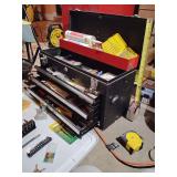 Tool box top bin with 3 lower drawers, the keys are with the box, 20 1/2"L x 12"T x 8 1/2"D mixture of all kinds.