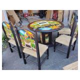 New LaFuente "Siesta" Dinning Set. Lot#193 round glass top will work on this masterly hand carved table with four sided pedestal base with hidden storage in base, unique work of art. Retail $1315, 47"