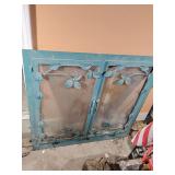 Fireplace Insert, Used, Torquois Blue Iron, double glass doors with double screen doors behind, equipped with electric blower workings at bottom grills. Mounting brackets measure 34 3/4" across, would