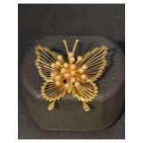 Vintage MONET 3-Dimensional Faux Pearl Gold-tone Butterfly Brooch