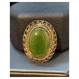 Gold-tone filigree over sterling brooch/pendant combo with Jade-like center stone…..1-1/2” tall and 7 grams