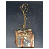 Long beaded chain necklace with 2-tone wrapped gift box pendant/brooch….marked SJ Made in Mexico on back