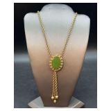 Vintage 1/20 12k Gold Filled Filigree Jade-like Slide Tassel Pendant Necklace