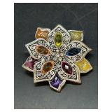 Vintage ornately designed floral pendant with multi-color stones…..2” across