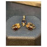 3-piece set of 14K GP pendant and clip earrings with oval-cut garnet-like stones and small diamond-like accents…..marked LIND on back