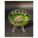 Vintage Koleaco Brass and Green Enamel Texas Belt Buckle with Armadillo…..3 x 2-1/2