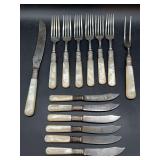 Vintage mother-of-pearl handle flatware….the (6) dinner forks have sterling filigree designs at top of handle….carving set and spreaders are not marked as sterling