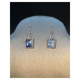 Pair of sterling wire earrings with square sterling dangles and blue centers…..7 grams