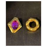 (2) gold-tone scarf clips…..left has purple prism center and right is textured circular