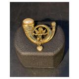 Vintage Gold Tone Faux Pearl Cherub on Hunting Horn Brooch