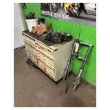 Storage cabinet 42 x 17 x 29 with plastic drawers, parts on and beside included