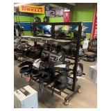 Rolling metal motorcycle helmet display unit. 51 x 40x62. Displays 24 helmets.  Contents on rack not included.