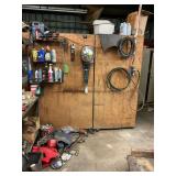 Workbench 60 x 34 x 24 with a metal shelf on top(36 x 36 x 18).. contents on and under workbench included plus hanging items on wall with exception of the air hose