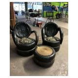 Three piece camouflaged set… table and two chairs made from tires