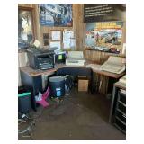 5 foot corner, black and brown laminate wood desk 30 inches high 22 inches depth. Contents not included.