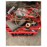 Stack on red metal rolling cart (contents included). 26.5 x 32 x 18 ￼