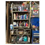 A metal shelf with a rolling metal shelf on top all contents included with exception of the air hose.