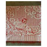 antique American Jacquard coverlet, likely from the 1876 Centennial Exposition, featuring a red and white pattern with Washington bust motif