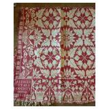 Antique full/queen red and white Jacquard coverlet, identified as a J. Singer - Stark County Ohio 1844 coverlet. The corner block is visible, a common feature in these weavings that identifies the wea