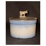 Vintage stoneware butter crock with pewter lidded insert and cow handle…..4-3/4”D x 3” tall…..shows wear from normal use